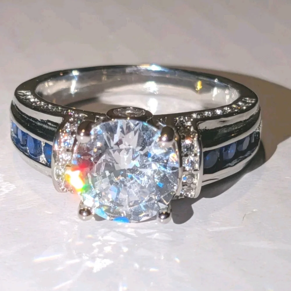 3Ct Round Cut Lab Created Diamond Sapphire Engagement Ring 14K White Gold Plated